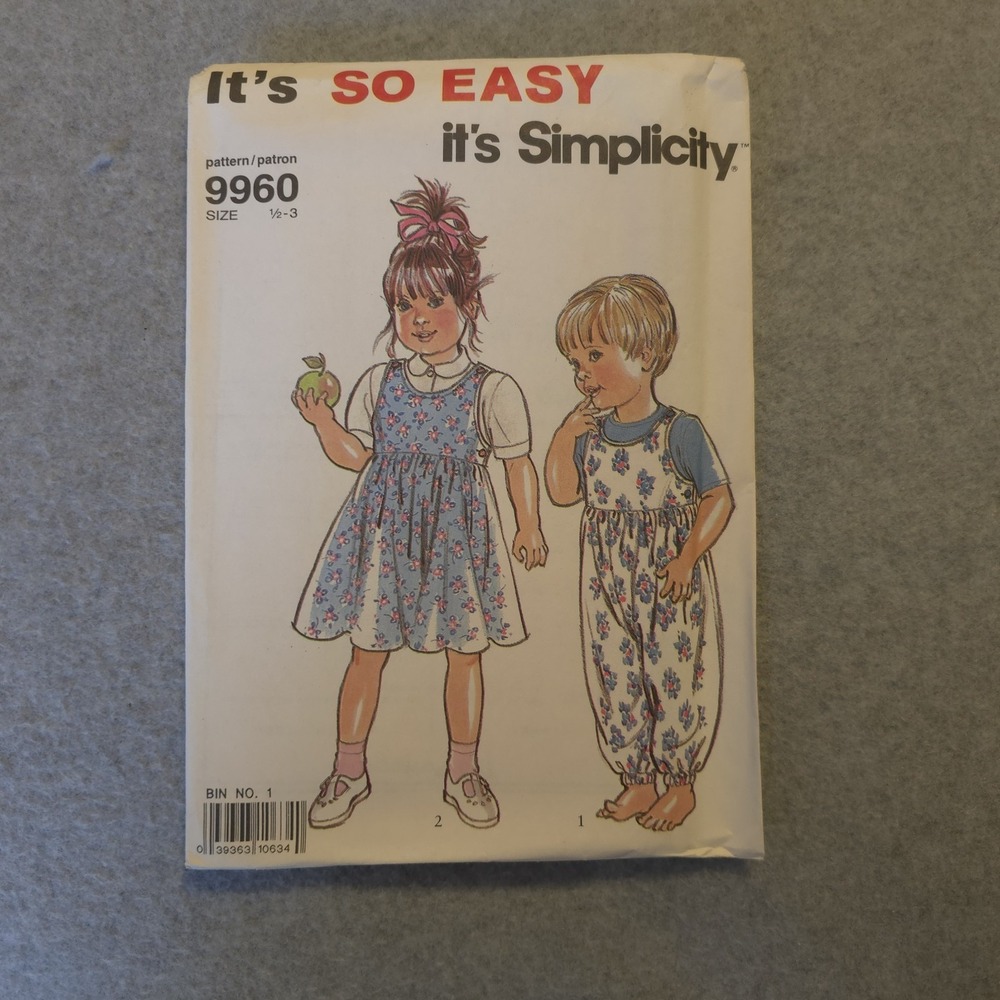 Simplicity 9960 It's So Easy Uncut Pattern Size 1/2-3 Toddlers Overall & Jumper